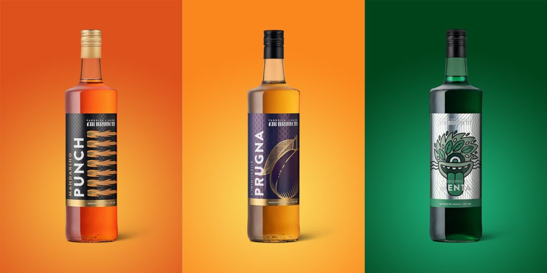 Punch, Prune and Mint liqueur bottles photographed in Italy by Inlet Studio for a professional shoot.