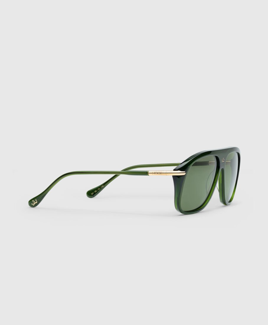 Noor Milano green sunglasses, side view showing 18K gold-plated hinge, product photography by Inlet Studio.