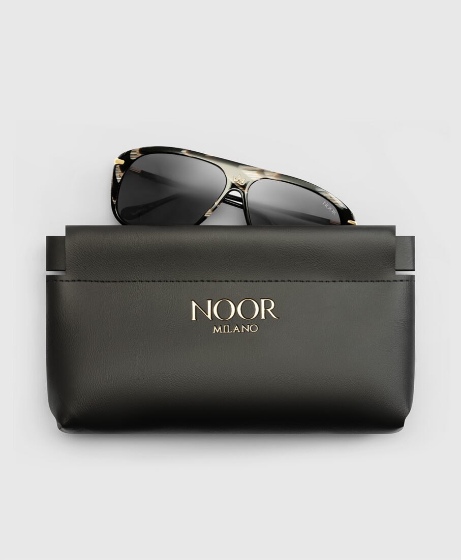 Noor Milano sunglasses, front view showing brand detailing, photographed by Inlet Studio in Italy.