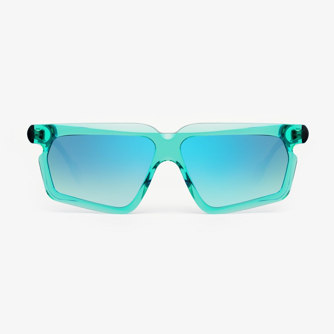 Portrait Eyewear transparent cyan sunglasses, professional e-commerce photography by Inlet Studio in Italy.