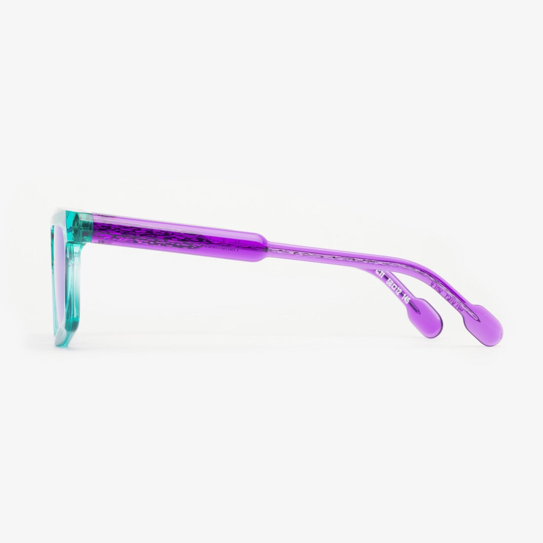 Portrait Eyewear fashion sunglasses in purple and transparent aqua green, side view, professional photography by Inlet Studio in Italy.