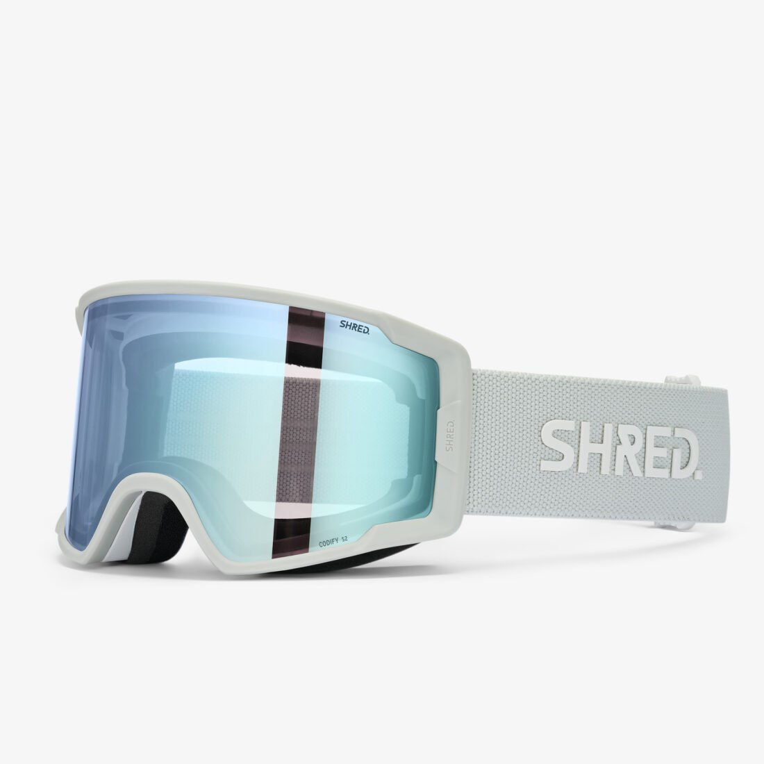 Shred ski goggles with blue mirrored lens, professional product photography by Inlet Studio, Italy.
