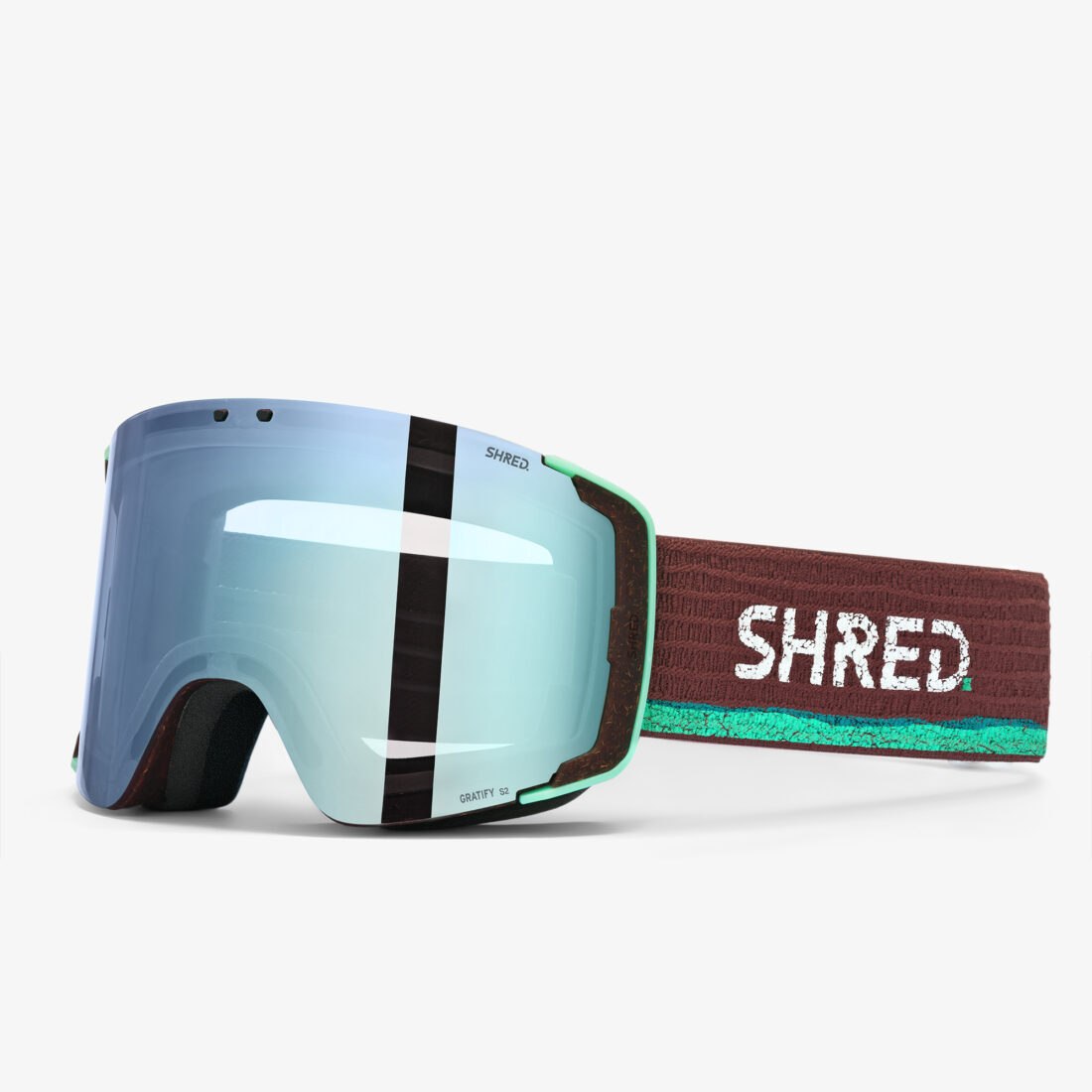 Shred Gratify ski goggles with reflective lens, professional sports catalogue photography by Inlet Studio, Italy.