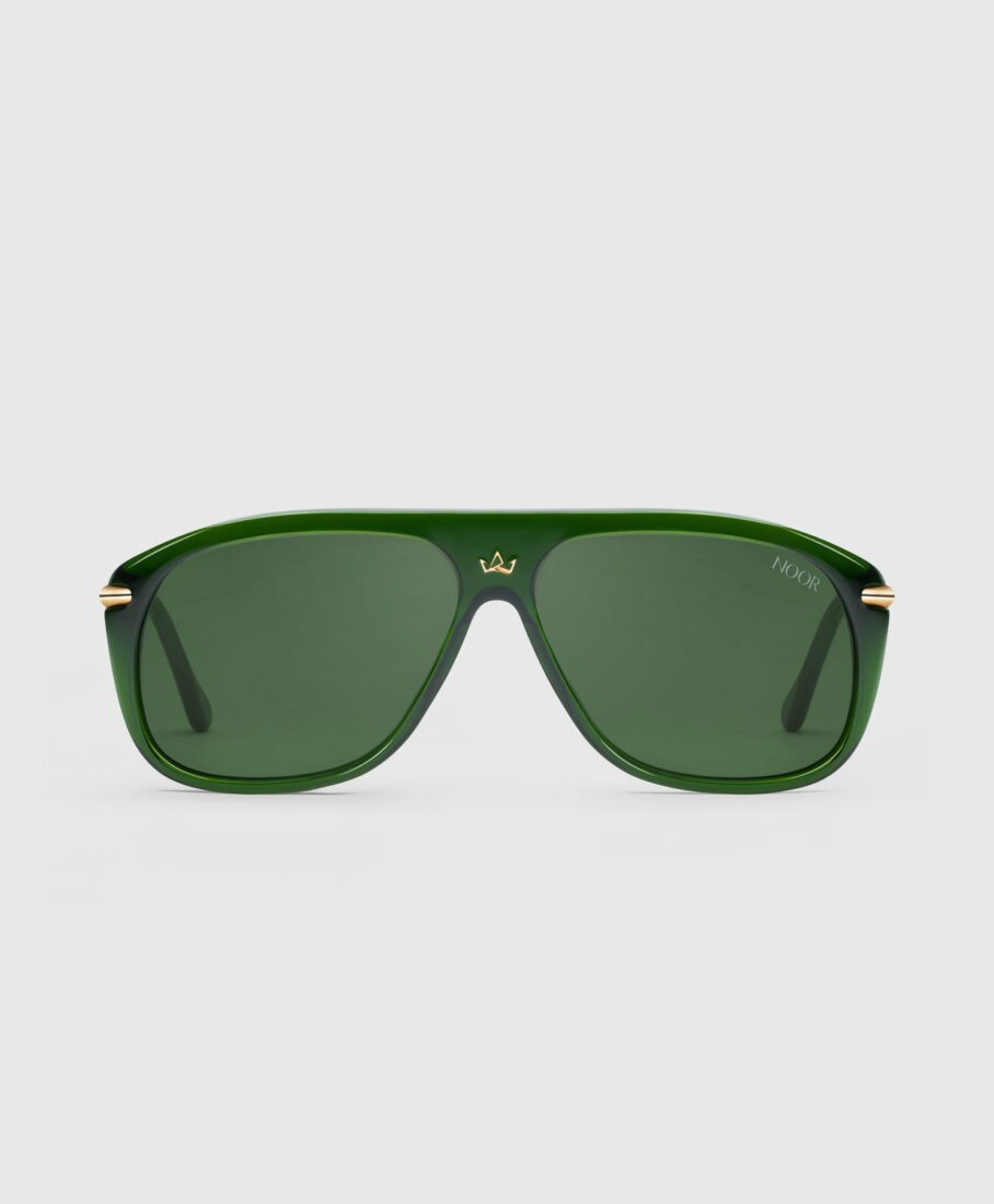 Noor Milano green sunglasses, front view, luxury product photography in Italy by Inlet Studio.