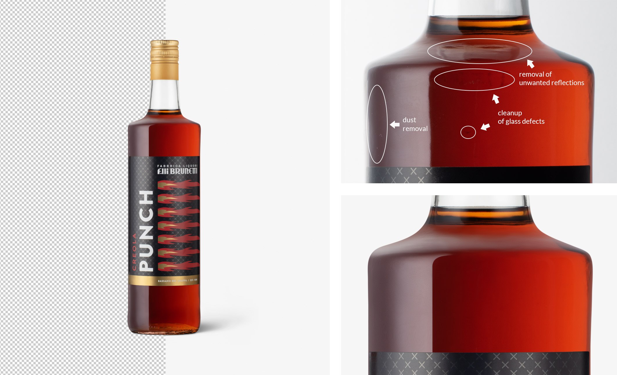 Punch bottle photographed in Vicenza by Inlet Studio. Example of post-production for a professional beverage photography service.
